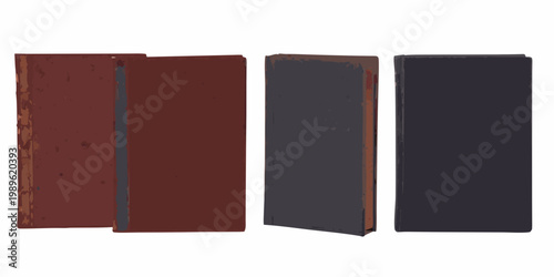 Four vintage books with differing colored spines are neatly arranged