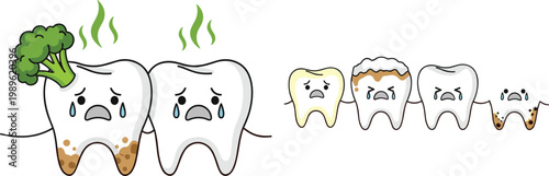 Unhappy Cartoon Tooth Characters Showing Dental Problems Bad Breath Decay Plaque and Cavity Flat Vector Illustration Set