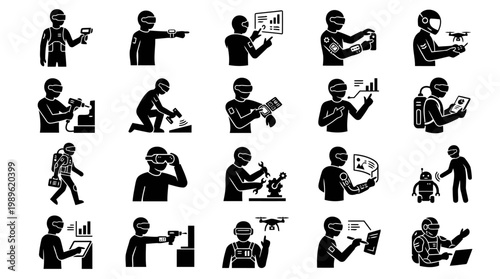 Futuristic Operator Silhouette Icon Set, 20 Minimalist Black Vector Tech Interaction Poses