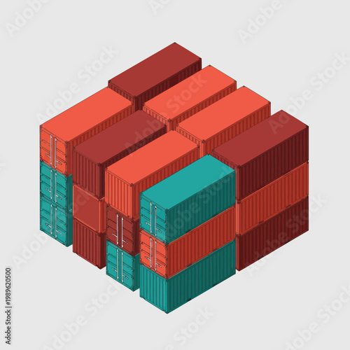 Isometric View of Stacked Shipping Containers in a Warehouse.