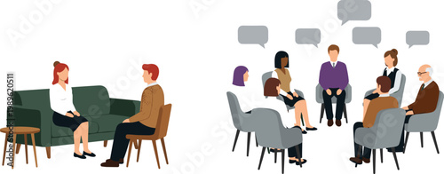 Therapy Session with Couple on Sofa and Diverse Group Circle Discussion with Speech Bubbles Flat Vector Illustration Set
