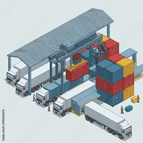 Isometric View of a Shipping Yard with Trucks and Containers.