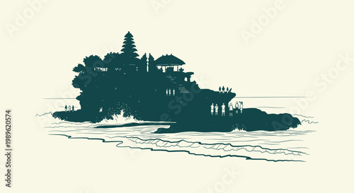 Tanah Lot Temple in Bali Indonesia Stylized Illustration of Famous Sea Temple on Rock Formation