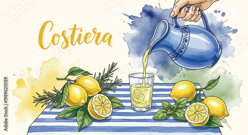 Hand pouring lemonade from a blue pitcher into a glass with fresh lemons on a striped tablecloth watercolor illustration.