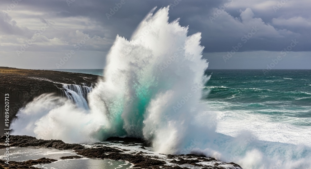 Naklejka premium powerful ocean wave crashing against rocky shoreline
