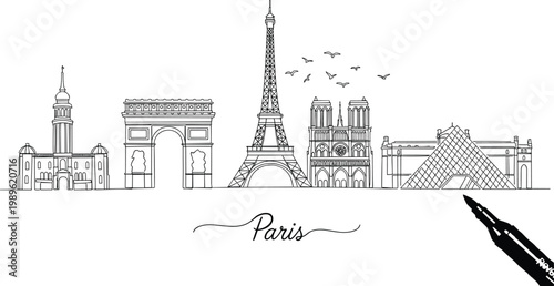 Paris France City Skyline Vector Art Featuring Eiffel Tower Arc de Triomphe Notre Dame and Louvre Museum in Minimalist Line Drawing