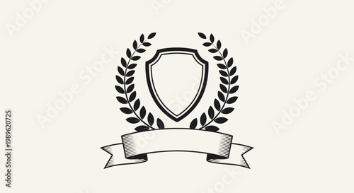 Blank shield crest with laurel wreath and customizable ribbon banner on a light grey background.