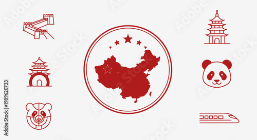 Collection of Chinese cultural and travel icons including map, pagoda, panda, and Great Wall on a light grey background.