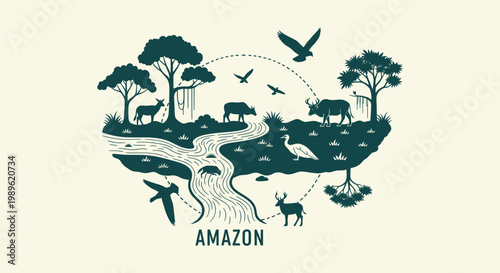 Amazon Rainforest Silhouette Illustration with Wildlife Animals River and Nature Ecosystem Design