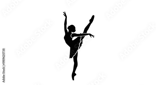 Black silhouette of an elegant ballerina performing an extended graceful pose, isolated white background.