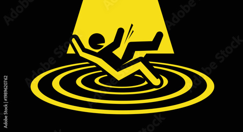 Drowning Person Icon in a Yellow Spotlight with Water Ripples, Symbolizing Danger and Emergency on Dark Background