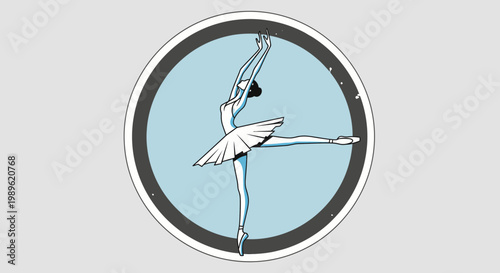Elegant ballerina in a graceful pose within a light blue circular frame on a grey background.