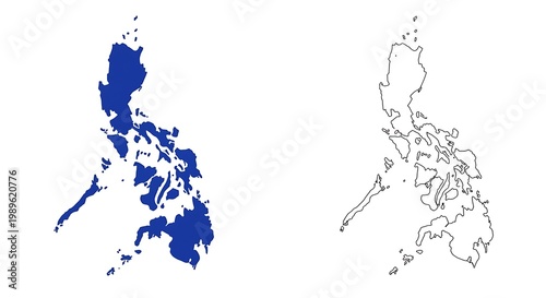Map of the Philippines Illustration with Blue Solid Silhouette and Black Line Outline on White Background