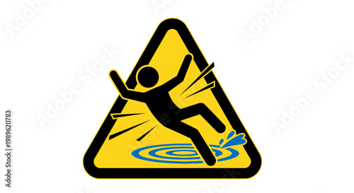 Yellow triangular warning sign showing a person slipping on a wet floor, isolated white background.