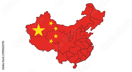 Detailed red map of China with national stars, isolated white background.