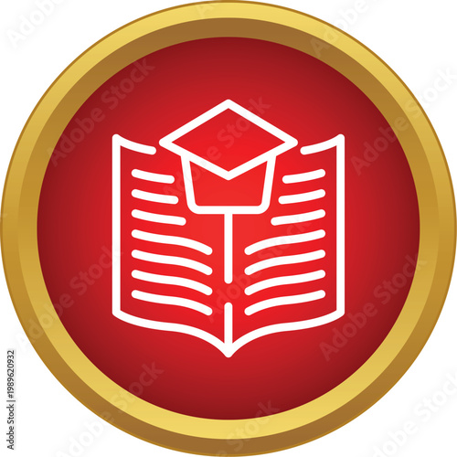 Red circular icon showing an open book with a graduation cap