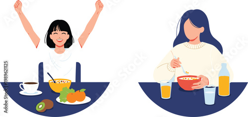 Happy Young Women Enjoying Healthy Breakfast with Cereal Bowl Fresh Fruits Coffee and Juice Flat Vector Illustration Set