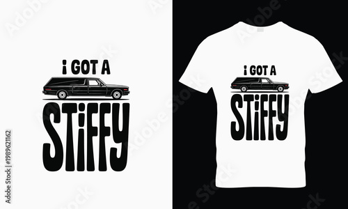 White t shirt with black text and hearse on front