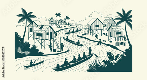 Tropical River Village with Traditional Stilt Houses Palm Trees and People in Wooden Canoes Vector