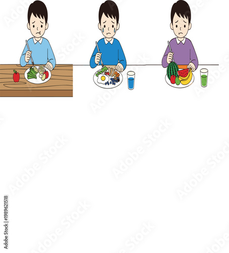 Sad Little Boy Refusing to Eat Healthy Vegetables Fruits and Balanced Meal on Plate Flat Vector Illustration Set