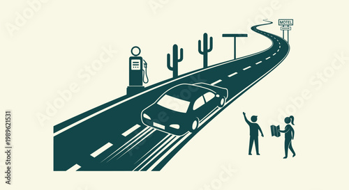 Car driving on a long highway through the desert with travelers looking at a map and motel sign.