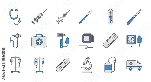Medical equipment and health icons.