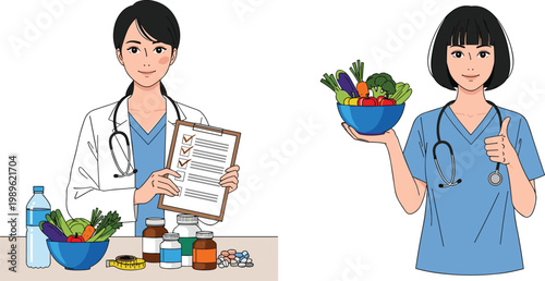 Female Doctor and Nurse Recommending Healthy Diet with Vegetables Supplements and Checklist Flat Vector Illustration Set