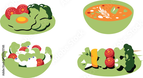 Healthy vegetarian food vector illustration set featuring fresh salad bowl vegetable skewers soup and tomato garnish for diet and nutrition design
