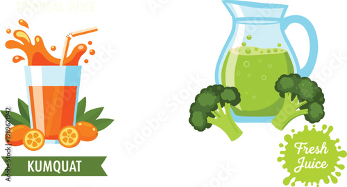 Fresh Kumquat Orange Juice Splash in Glass and Broccoli Green Juice in Pitcher Healthy Drink Flat Vector Illustration Set