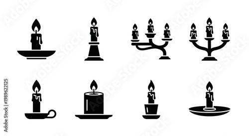Candle Icons Set: Single, Candelabra, Candle Holder - Black and White Silhouettes