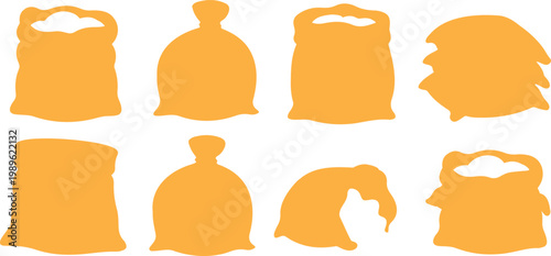 Brown burlap sack and textile bag vector illustration set featuring tied open and stacked flour or grain pouches for agriculture and storage