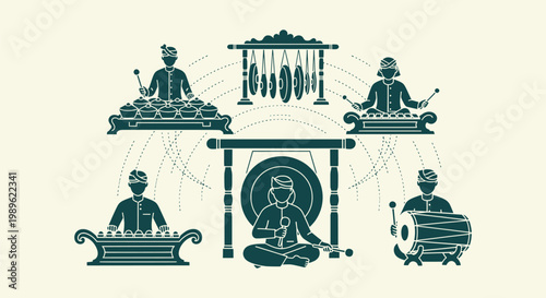 Indonesian Gamelan Traditional Music Performance Illustration with Musicians and Folk Instruments