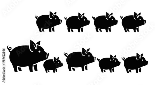 Group of Black Pigs Silhouette on White Background