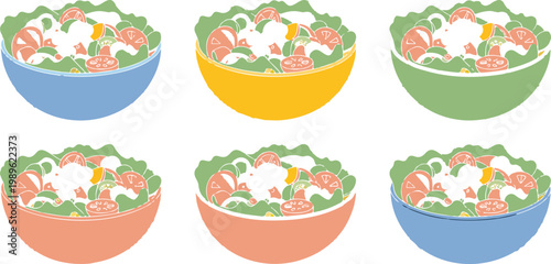 Fresh vegetable salad bowl vector illustration set with colorful bowls featuring lettuce tomato and cucumber for healthy diet and nutrition