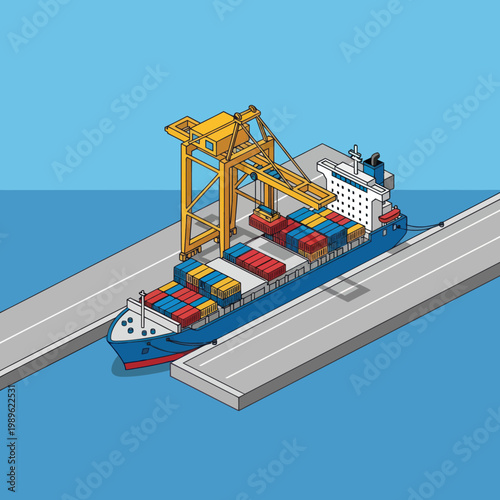 Container Ship at Port with Crane Loading Cargo.