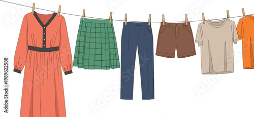 Colorful Casual Clothes Hanging on Laundry Line with Dress Skirt Pants Shorts and T-Shirt Flat Vector Illustration