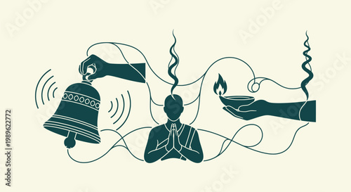 Sacred Hindu Ritual Concept with Praying Person Temple Bell and Oil Lamp Stylized Vector Art Design