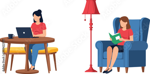 Young Women Working on Laptop at Table and Reading Book in Armchair with Floor Lamp Flat Vector Illustration Set