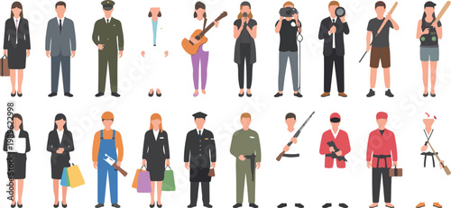 Diverse professional people and hobbyist character vector illustration set featuring business workers musicians photographers and athletes for lifestyle design