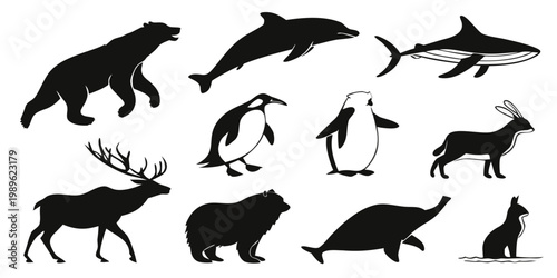  Arctic Polar Animals Silhouette Vector Sheet 10 Icons for Climate Awareness Design