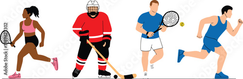 Athletes vector illustration set featuring tennis players ice hockey player and runner for sports and fitness competition design