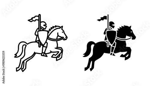 Medieval knight riding horse with spear and shield icon set
