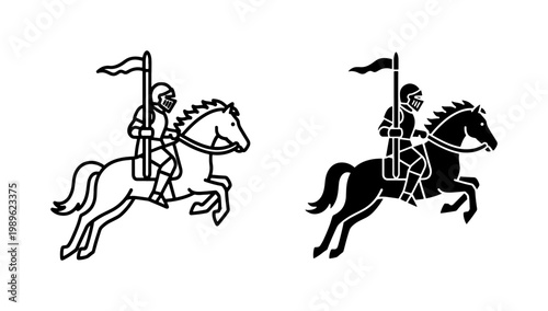 Medieval Knight Riding Horse with Spear Icon Set