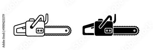 Chainsaw line and silhouette icon set for forestry work