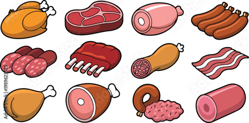 Construction vehicle and industrial truck vector illustration set featuring excavator crane cement mixer and service van for building and logistics design