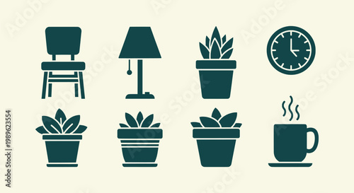 Flat vector icon set for interior design featuring furniture house plants time and hot beverage cup