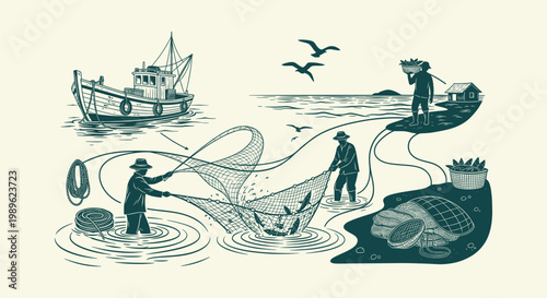 Vintage Style Fishermen Illustration with Boat Nets Fish and Nautical Coastal Village Engraving Art