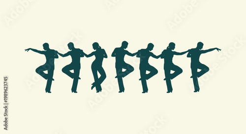 Synchronized group of Latin dancers performing in a row silhouette against a light background art.
