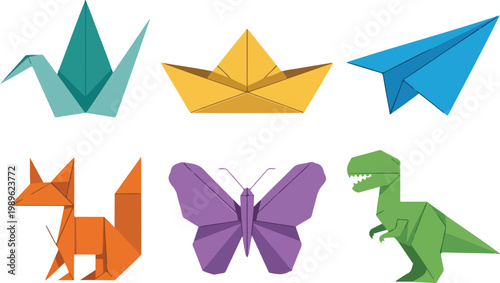 Colorful origami paper art vector illustration set featuring crane boat airplane fox butterfly and dinosaur for craft and creativity design