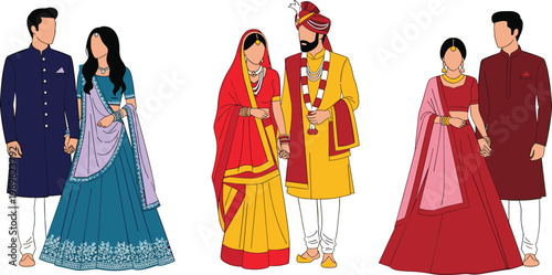 Traditional Indian Wedding Couples in Colorful Ethnic Bridal Lehenga and Sherwani Outfits Flat Vector Illustration Set